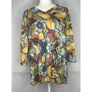 Ali Miles Womens Yellow Floral V-Neck Tunic Top 3/4 Sleeve Side Cinch Artsy Sz S